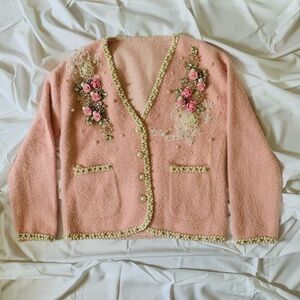 Beautiful vintage hand encrusted pink floral sweater *FREE SHIPPING*
